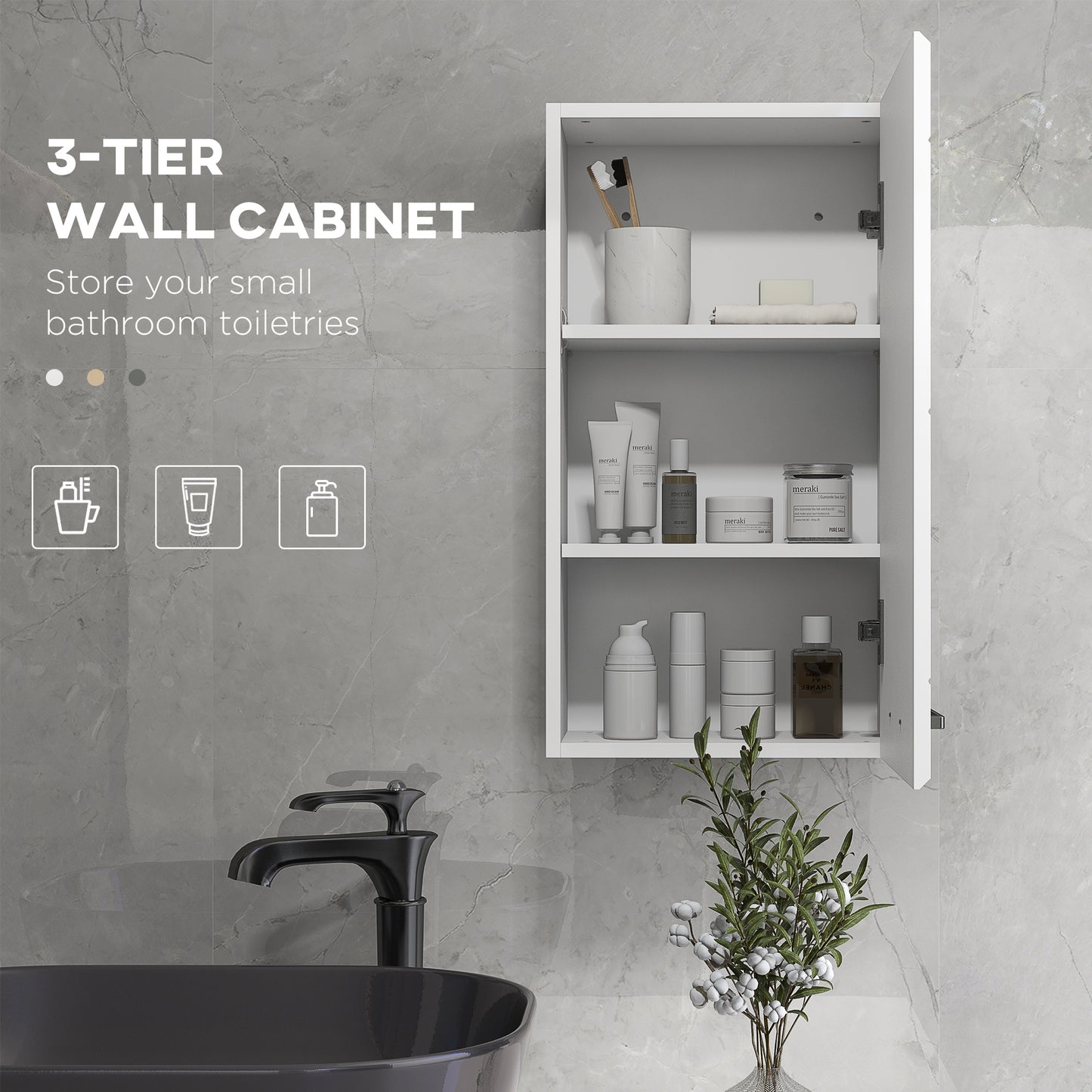 kleankin Bathroom Wall Cabinet, High Gloss Wall Mount Bathroom Storage Cabinet with Soft-Close Door, 3 Shelves, Adjustable Shelf for Hallway, Living Room, Over Toilet, 37x22.5x70 cm, White