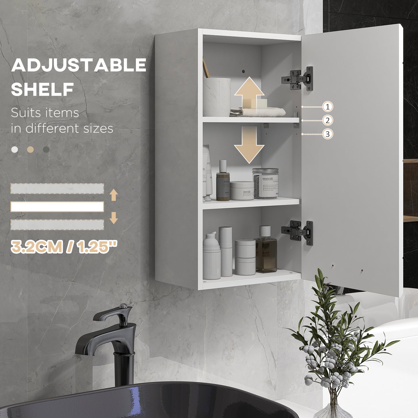 kleankin Bathroom Wall Cabinet, High Gloss Wall Mount Bathroom Storage Cabinet with Soft-Close Door, 3 Shelves, Adjustable Shelf for Hallway, Living Room, Over Toilet, 37x22.5x70 cm, White