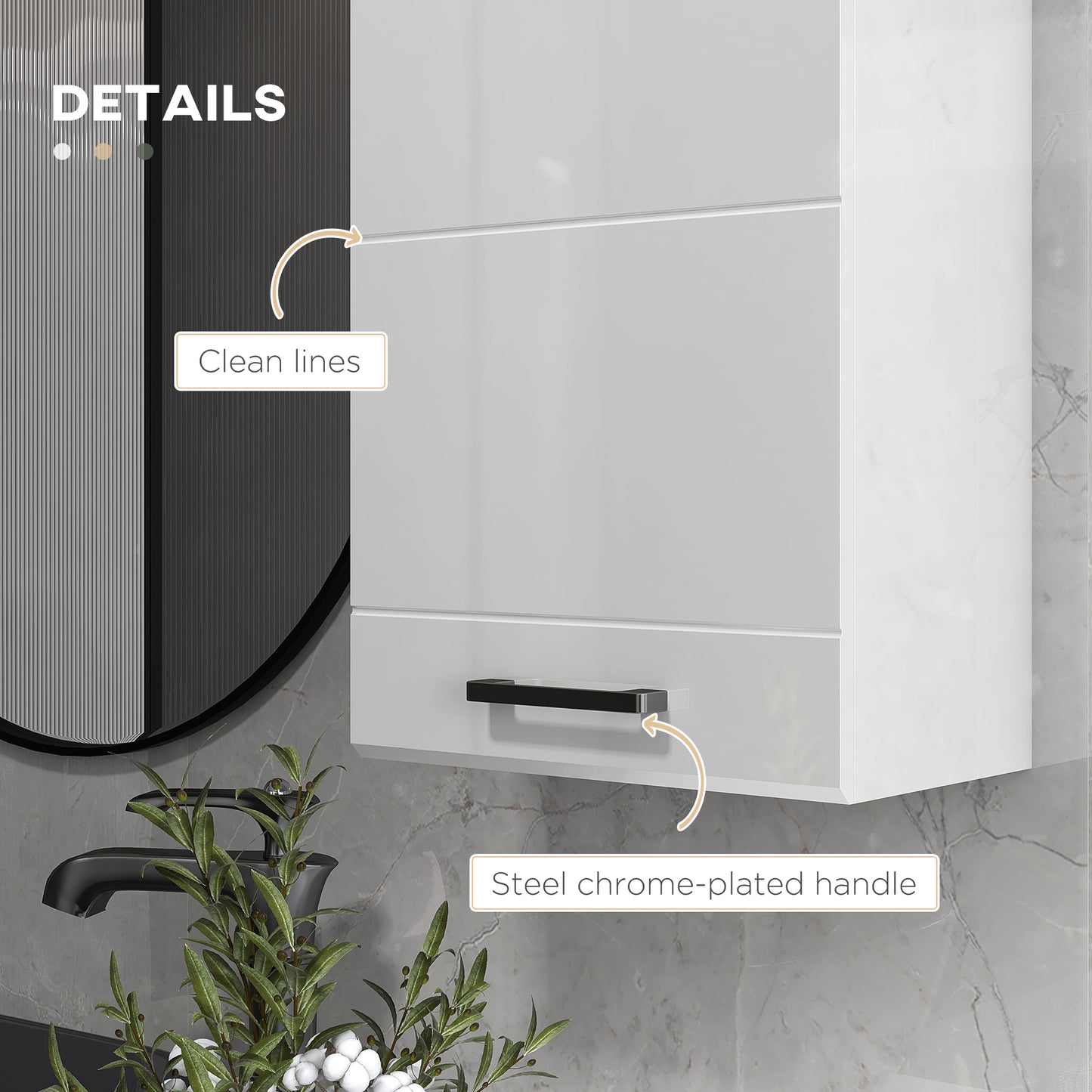 kleankin Bathroom Wall Cabinet, High Gloss Wall Mount Bathroom Storage Cabinet with Soft-Close Door, 3 Shelves, Adjustable Shelf for Hallway, Living Room, Over Toilet, 37x22.5x70 cm, White