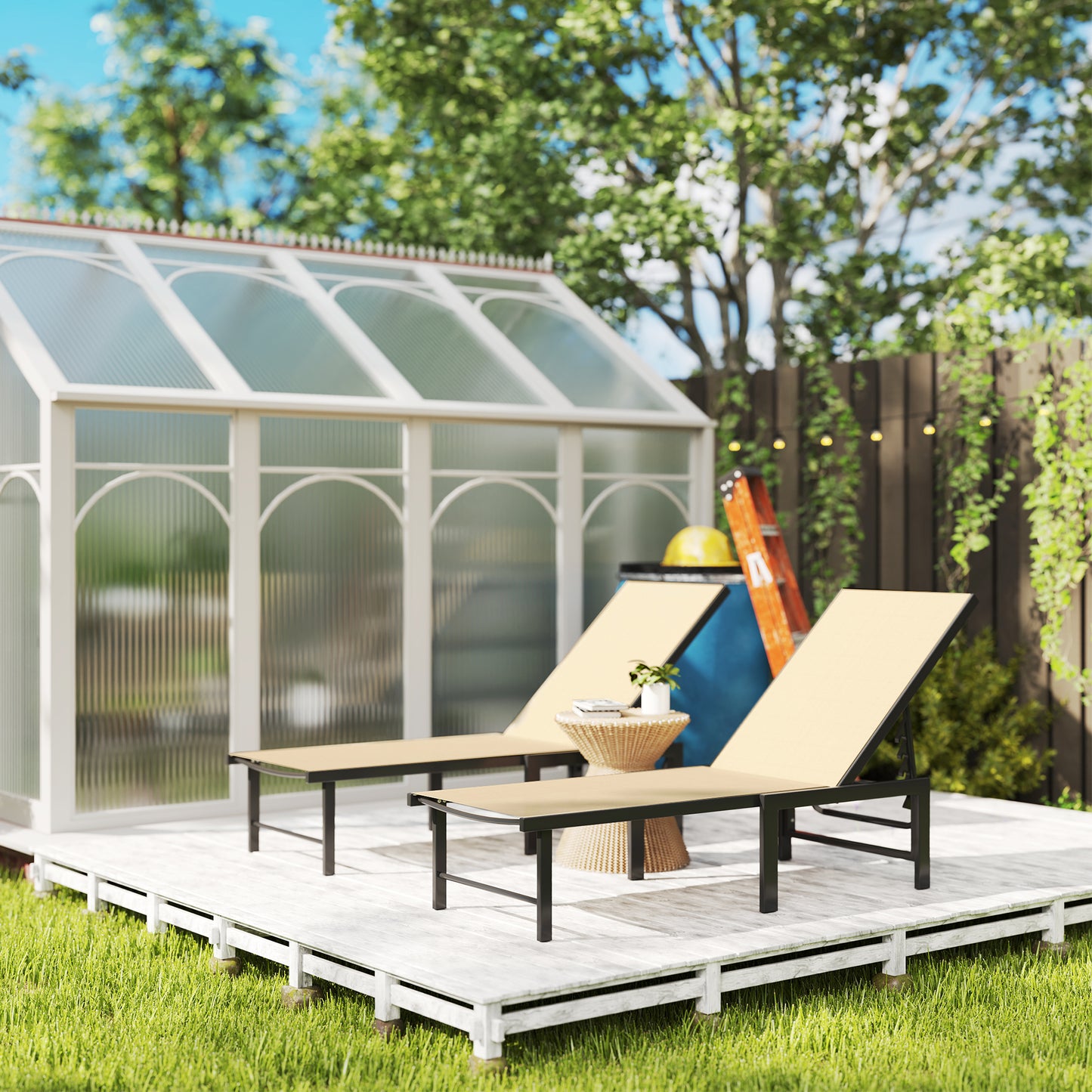 Sun Loungers Set of 2, 5-Level Reclining Sunbeds, Khaki