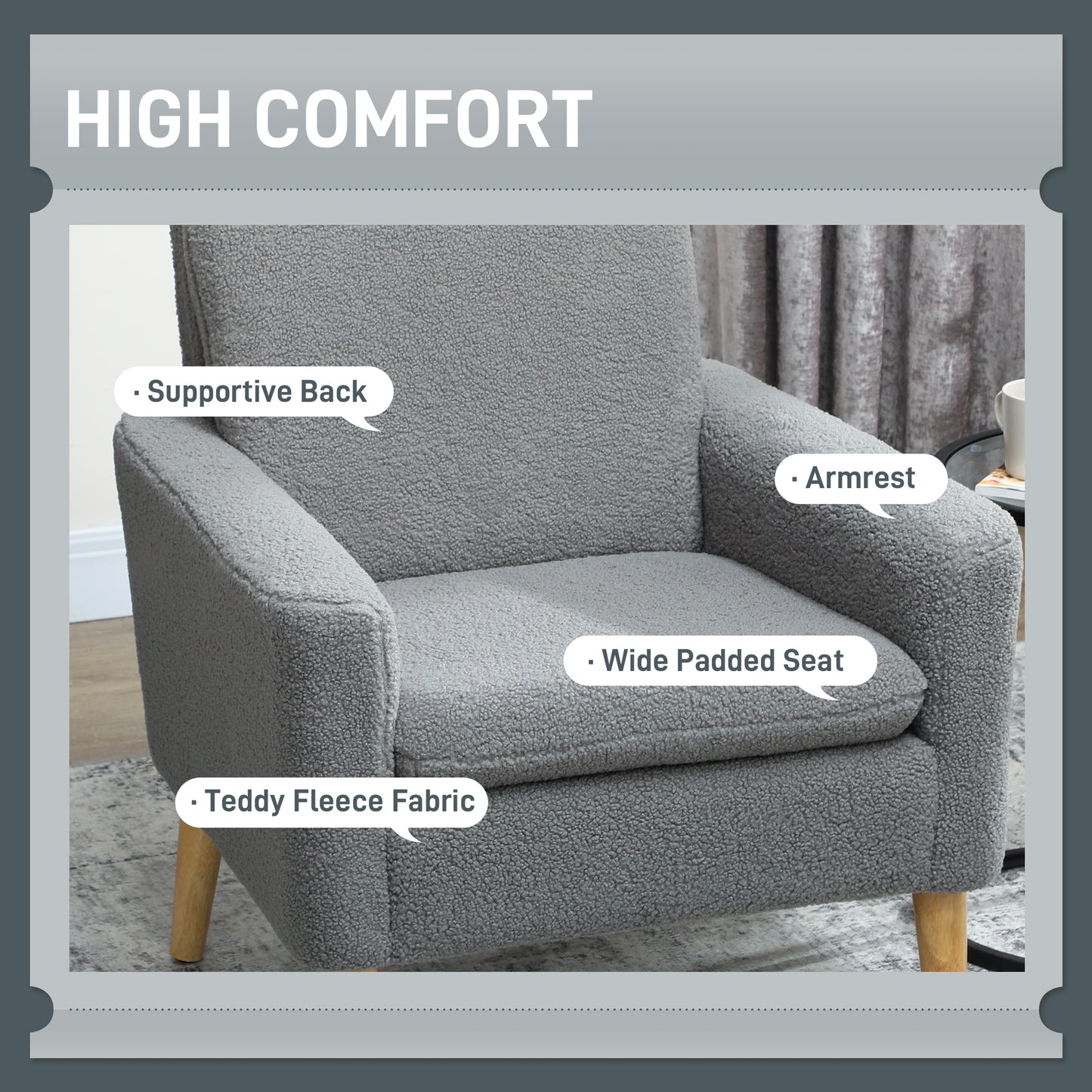 Modern Accent Chair with Wood Legs, Wide Seat, Teddy Armchair, Grey
