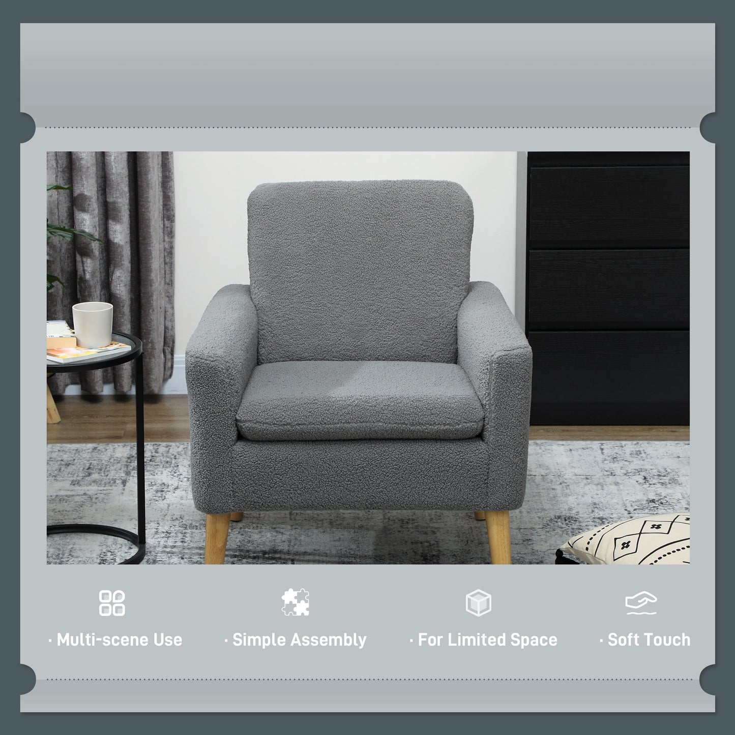 Modern Accent Chair with Wood Legs, Wide Seat, Teddy Armchair, Grey