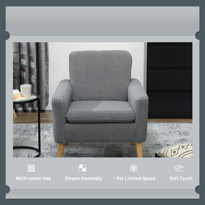 Modern Accent Chair with Wood Legs, Wide Seat, Teddy Armchair, Grey