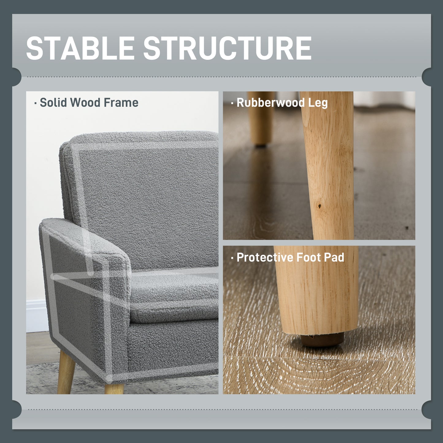 Modern Accent Chair with Wood Legs, Wide Seat, Teddy Armchair, Grey