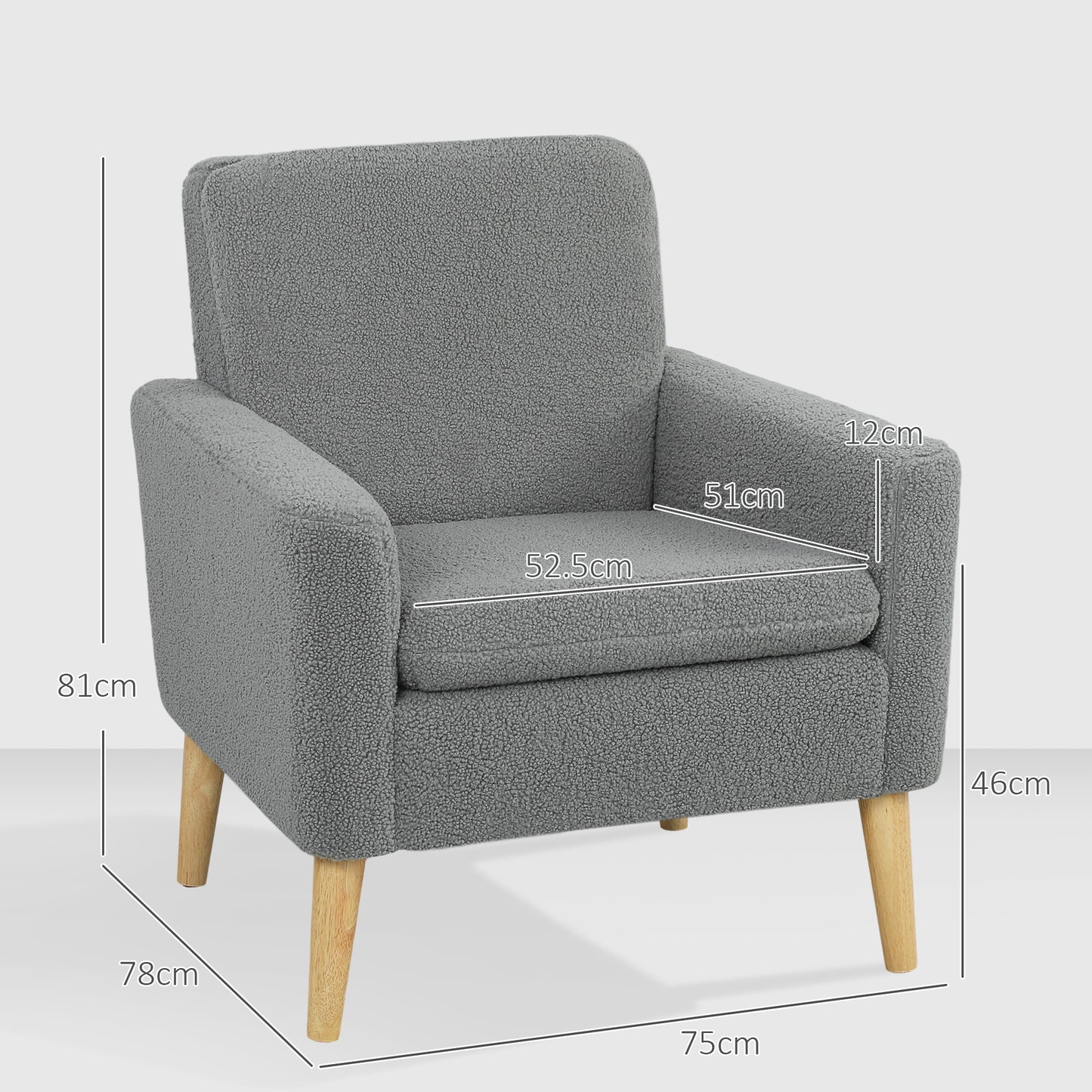 Modern Accent Chair with Wood Legs, Wide Seat, Teddy Armchair, Grey