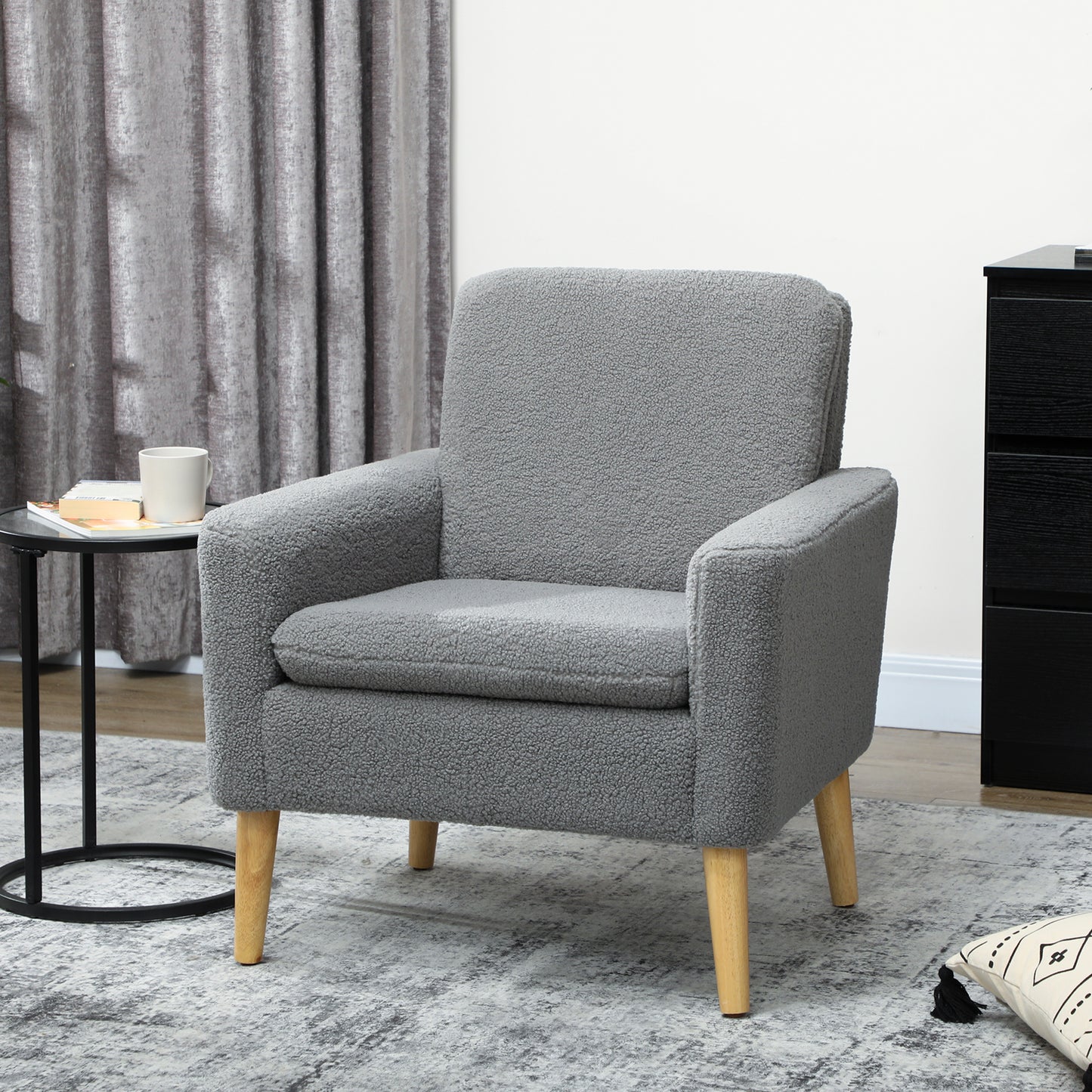 Modern Accent Chair with Wood Legs, Wide Seat, Teddy Armchair, Grey