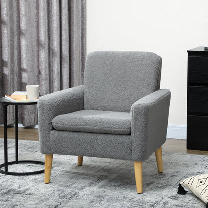 Modern Accent Chair with Wood Legs, Wide Seat, Teddy Armchair, Grey