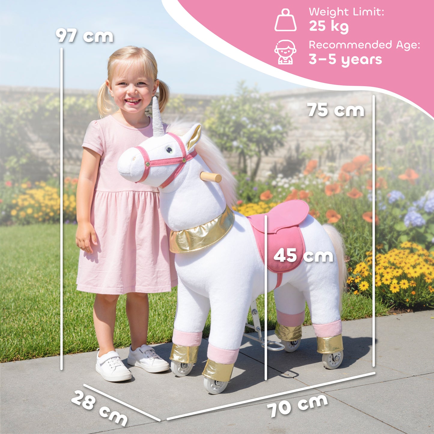 Kids Rocking Horse, Plush Ride On Unicorn Toy with Wheels, White