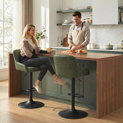 Breakfast Bar Stools Set of 2 with Wide Padded Seat, PU Leather Adjustable Swivel Bar Chairs, Modern Barstools with Footrest for Kitchen Island Counter, Home Bar, Dark Green