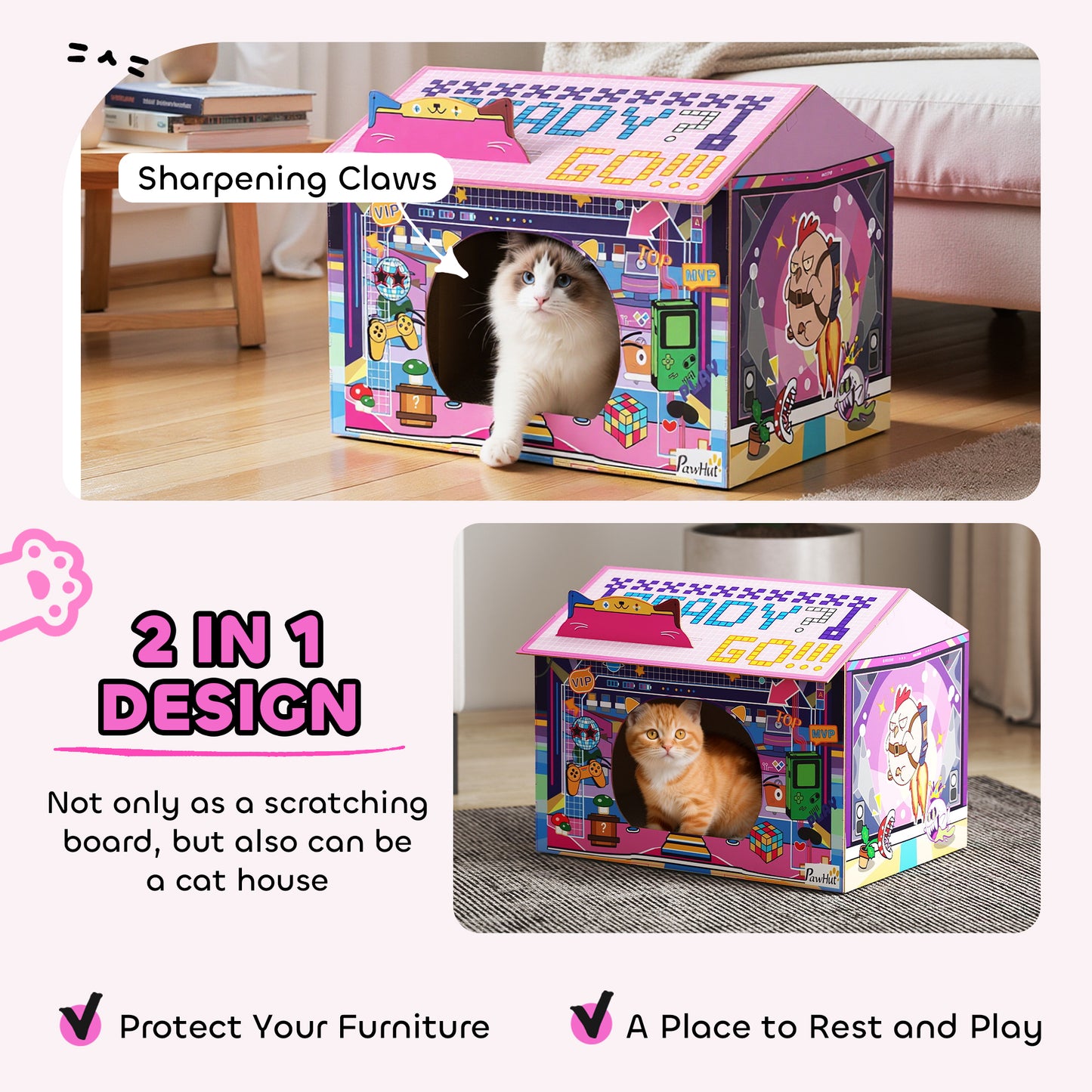 Cardboard Cat House with Scratching Board & Catnip, Gaming Style