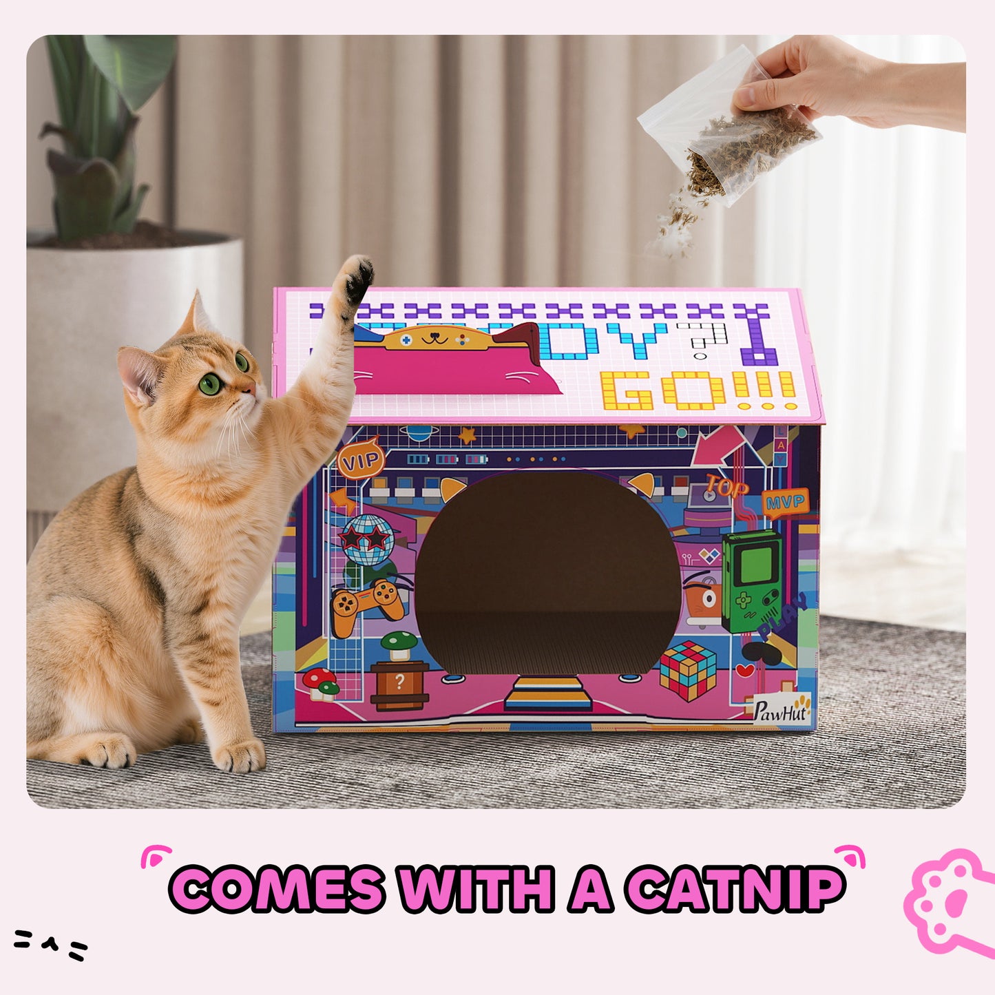 Cardboard Cat House with Scratching Board & Catnip, Gaming Style