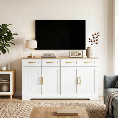 Sideboard with 4 Drawers, 4 Doors and 2 Adjustable Shelves, White
