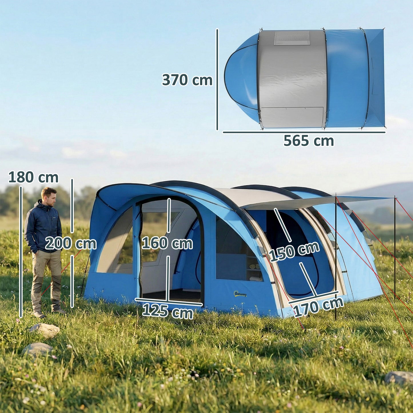 4 Person Easy Setup Family Camping Tent with 2 Rooms, Waterproof Tunnel Tent w/ Sewn In Groundsheet, Doors, Windows, Storage Pockets and Carrying Bag, Sky Blue & Grey