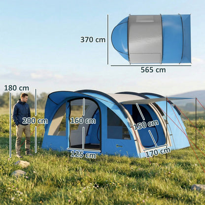 4 Person Easy Setup Family Camping Tent with 2 Rooms, Waterproof Tunnel Tent w/ Sewn In Groundsheet, Doors, Windows, Storage Pockets and Carrying Bag, Sky Blue & Grey