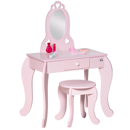 Kids Vanity Table & Stool Girls Dressing Set Make Up Desk Chair Dresser Play Set with Mirror Pink