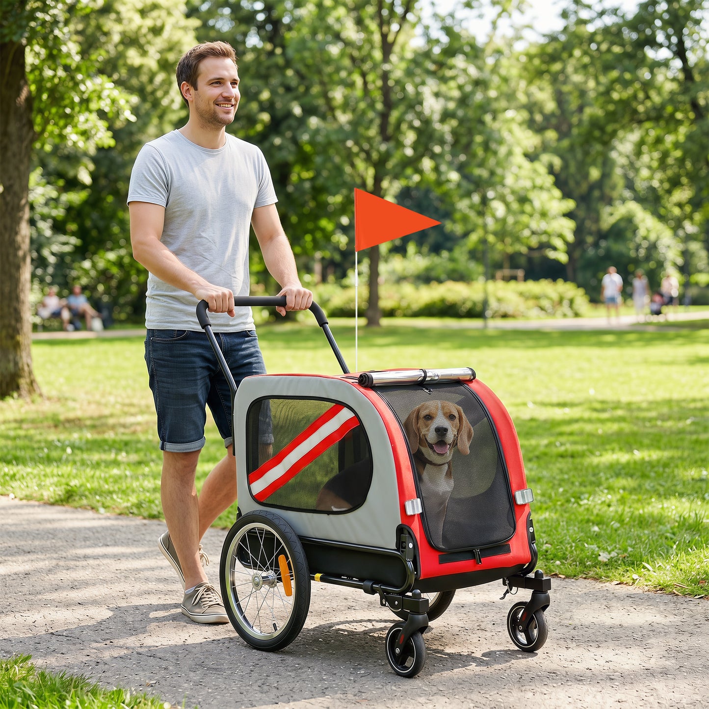Dog Bike Trailer, 2 in 1 Foldable Pet Stroller Security Harness, Reflectors, Quick Release Wheels, Flag, for Medium Dogs, 134L x 60W x 101H cm, Red