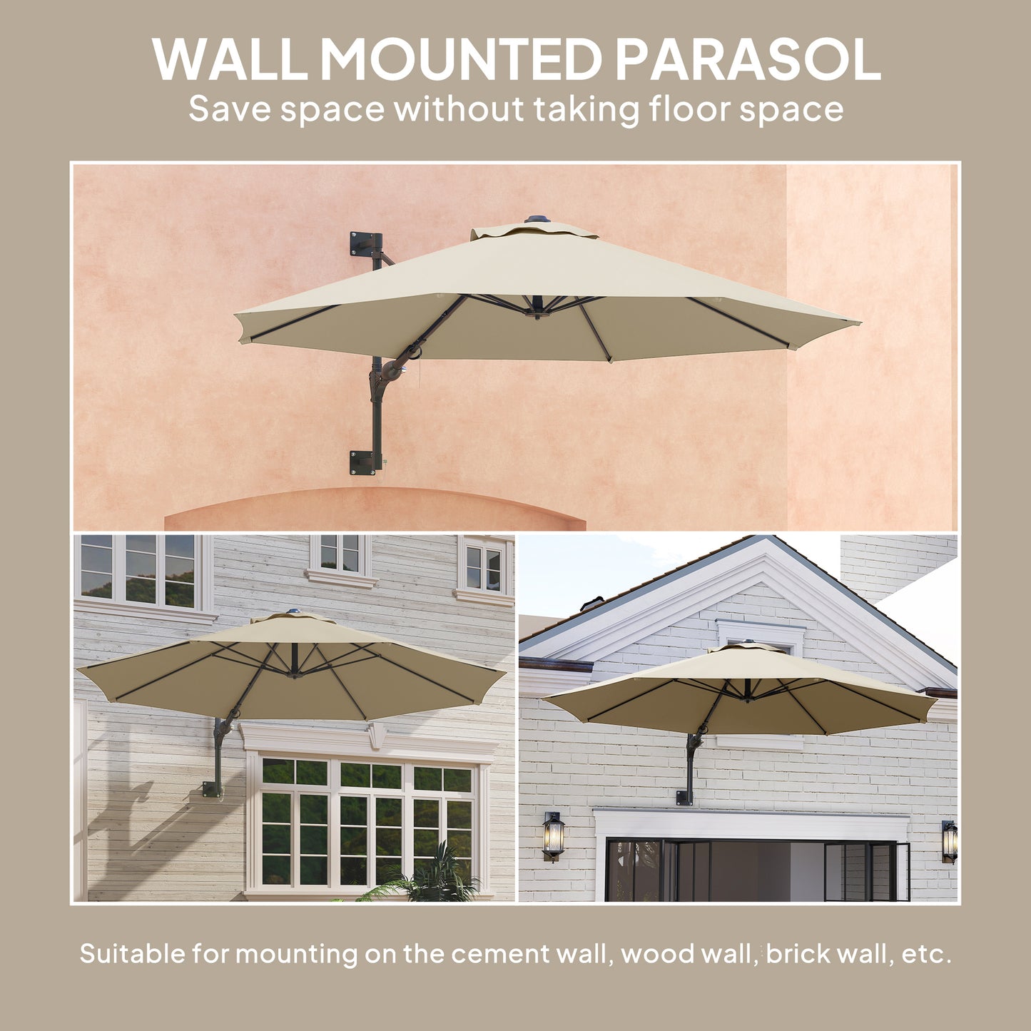 Sun Parasol with Vent, Wall Umbrella for Patio, Garden, Khaki