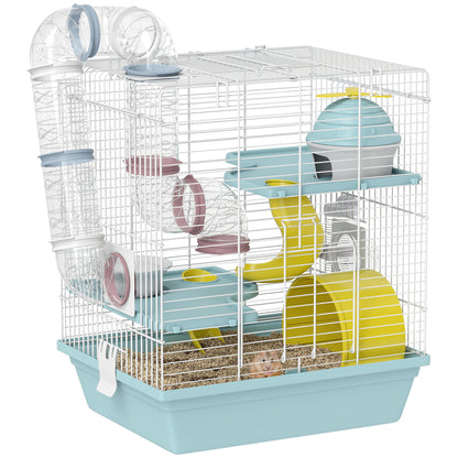3-Level Hamster Cage, Gerbil Cage with Exercise Wheel, Tunnels, Water Bottle, Food Bowl, House, Ramps, for Dwarf Hamster, 34.5 x 27.5 x 41 cm, Blue