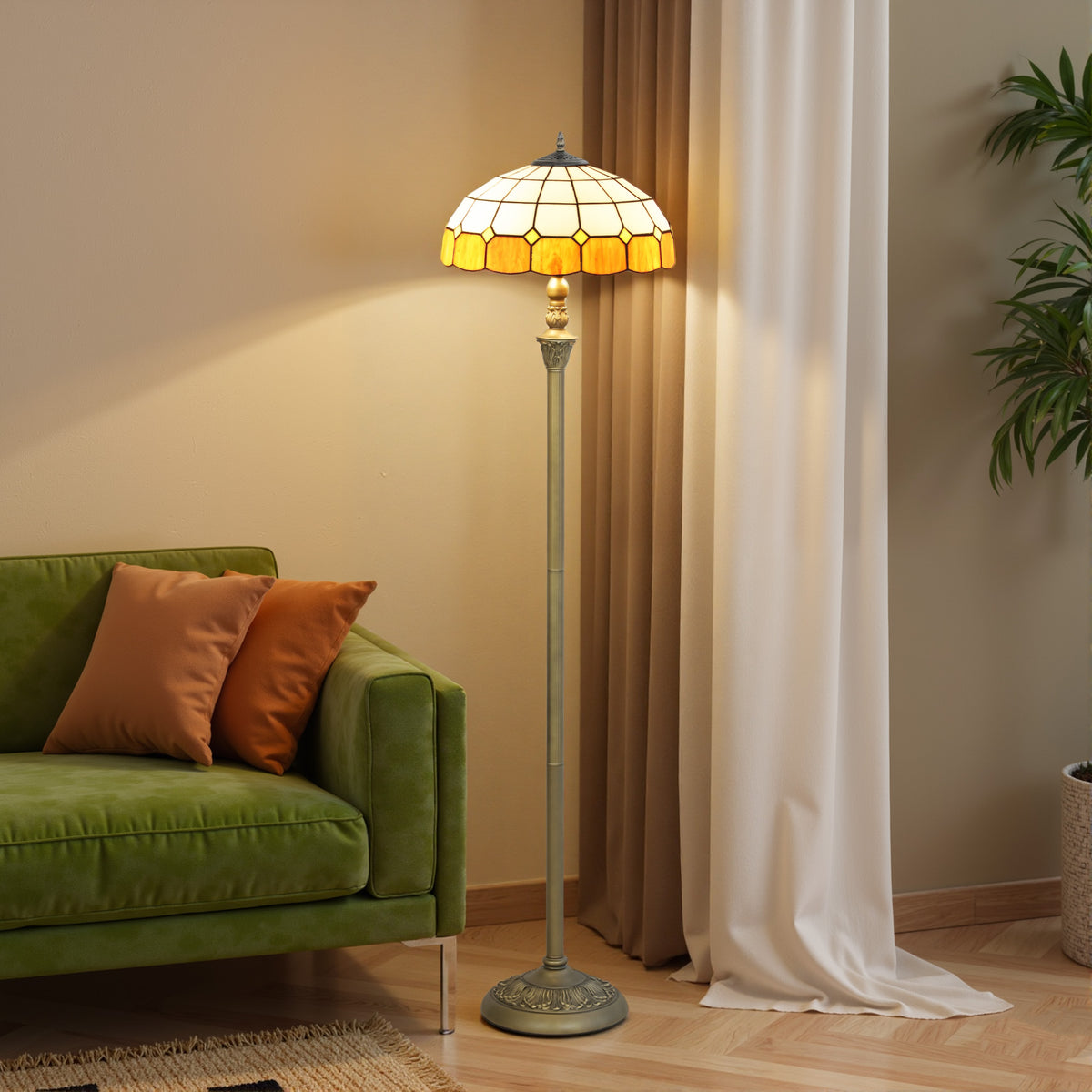 Floor Lamp with Handcrafted Stained Glass Shade, Vintage Standing Lamp
