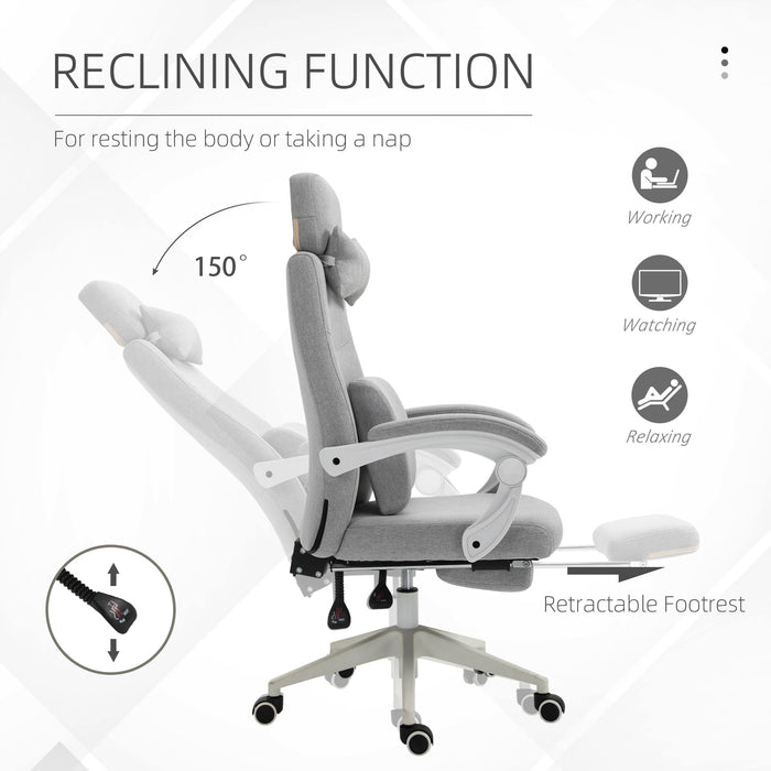 Home Office Chair w/ Manual Footrest Recliner Padded Modern Adjustable Swivel Seat w/ 2 Pillows Armrest Ergonomic Grey