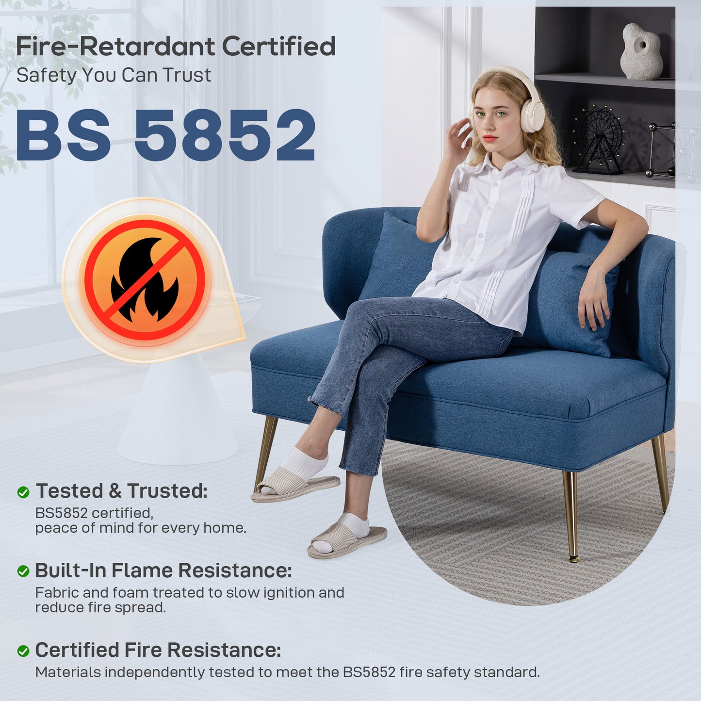 2 Seater Sofa, Small Sofa with Wing Back, Thick Seat, Dark Blue