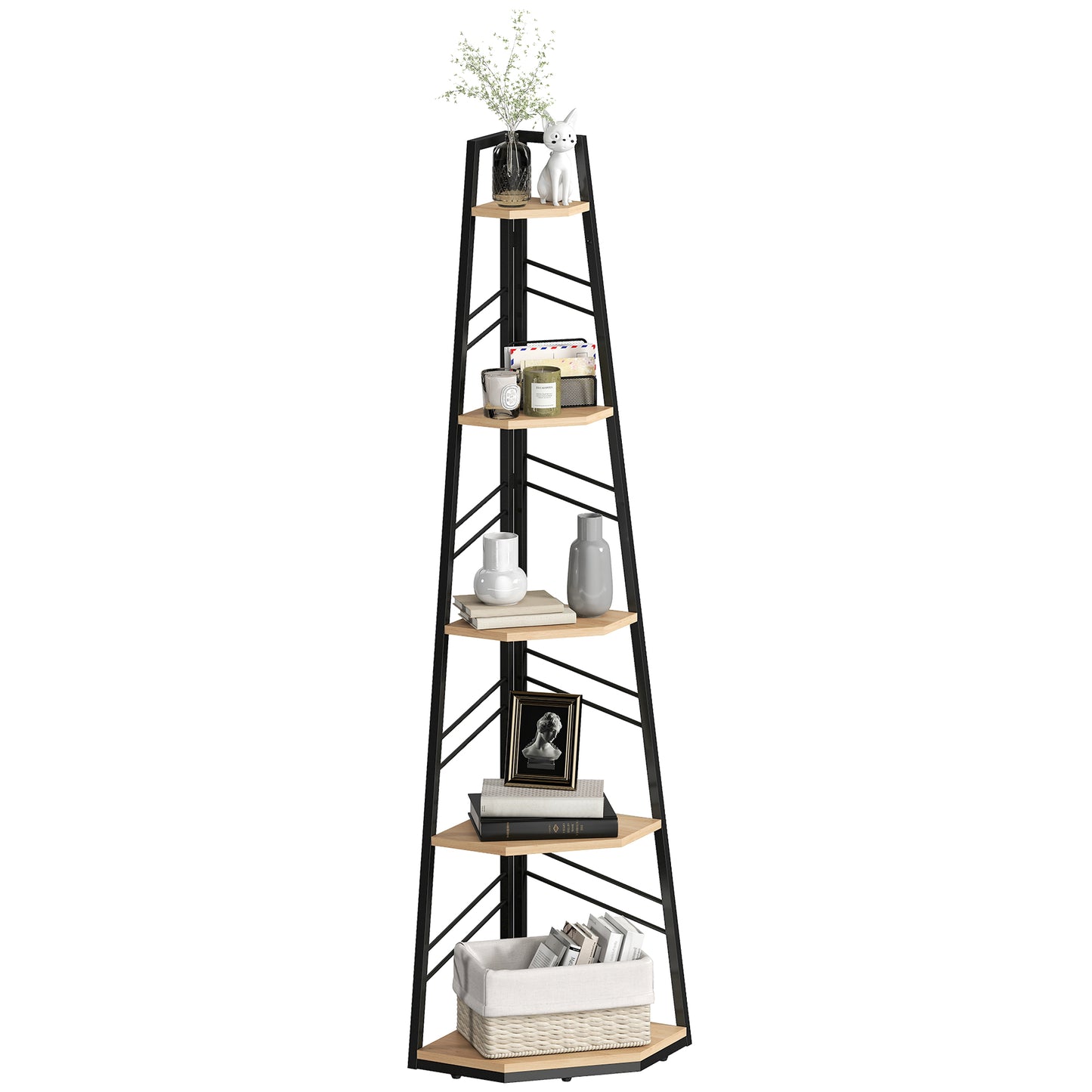 5-Tier Corner Bookcase, Floor Standing Shelving Unit, Natural