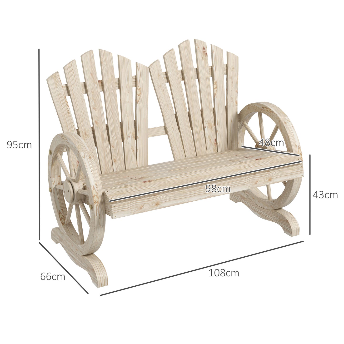 2 Seater Garden Bench w/ Wheel-Shaped Armrests Natural Wood