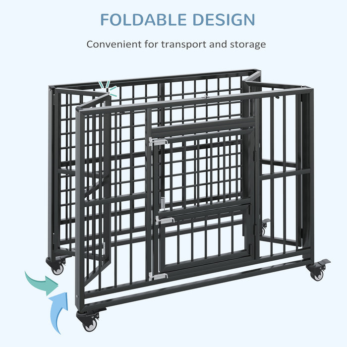 43" Heavy Duty Dog Crate, Foldable Dog Cage, with Openable Top, Locks, Removable Tray, Wheels - Black