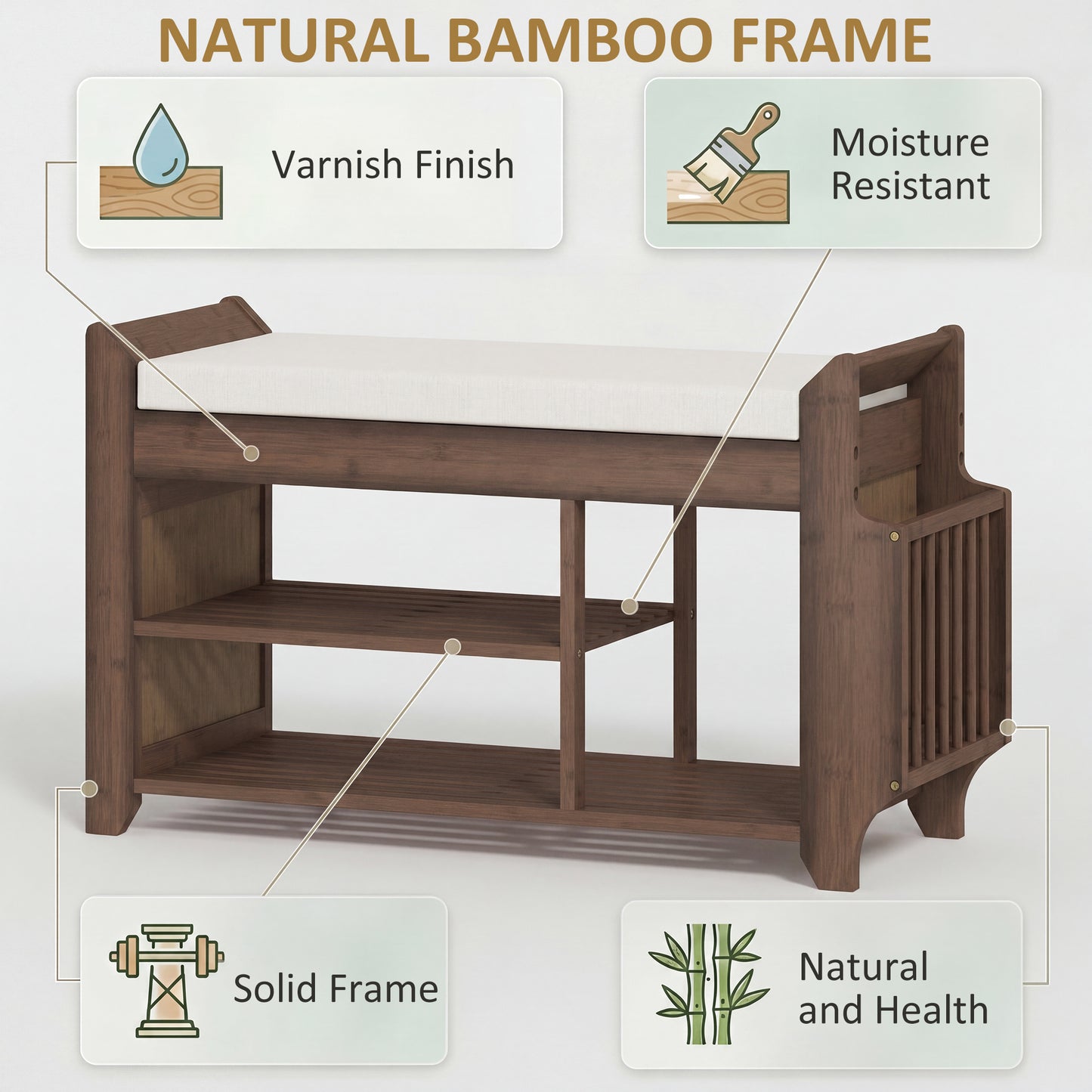 Shoe Bench with Cushioned Seat, Shoe Storage Bench with Side Holder and Boot Section, 2-Tier Natural Bamboo Entryway Rack for Hallway, Living Room, 80 x 30 x 50 cm, Dark Brown and Cream