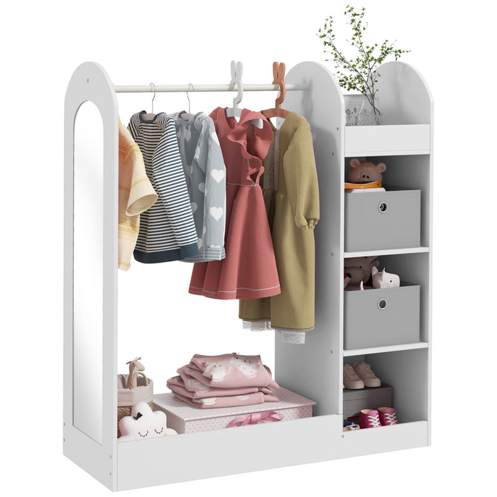 Kids Cloth Rail with Storage Shelf, Boxes, Mirror for Bedroom, White