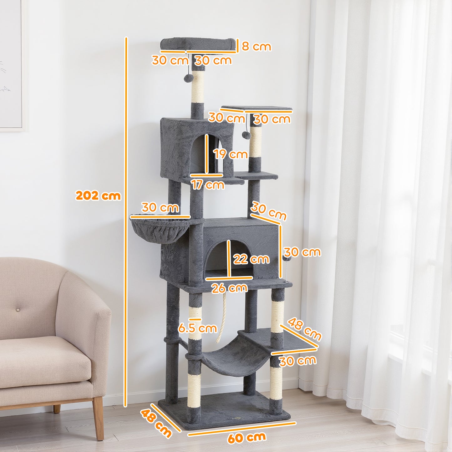 Cat Tree, 202cm Cat Tower with 2 Condos, 2 Hammocks, 2 Perches