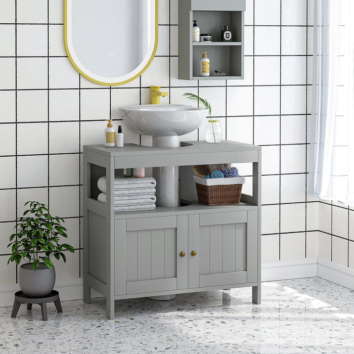 kleankin Pedestal Under Sink Cabinet with Double Doors, Modern Bathroom Vanity Storage Unit with Shelves, Grey