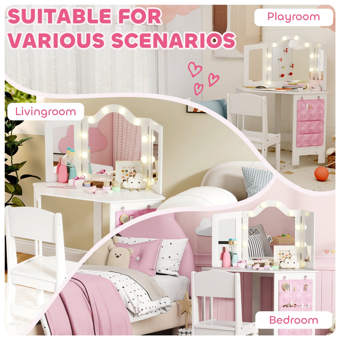 Kids Vanity Table and Stool with Lights, Tri-Folding Mirror, White