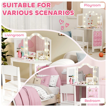 Kids Vanity Table and Stool with Lights, Tri-Folding Mirror, White