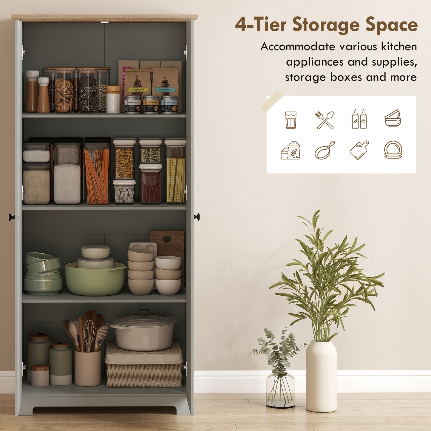 172cm Wooden Storage Cabinet Cupboard With 4 Shelves Grey
