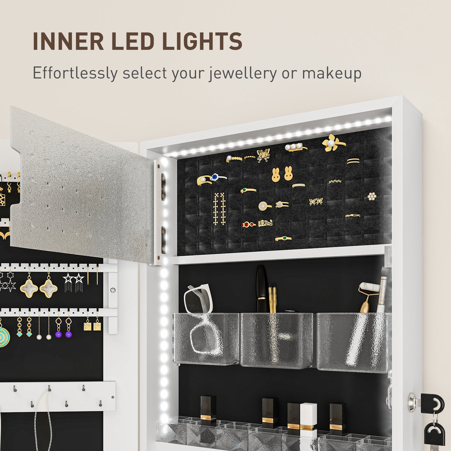 Door Hanging or Wall Mounted Jewellery Cabinet w/ Mirror Black Lining