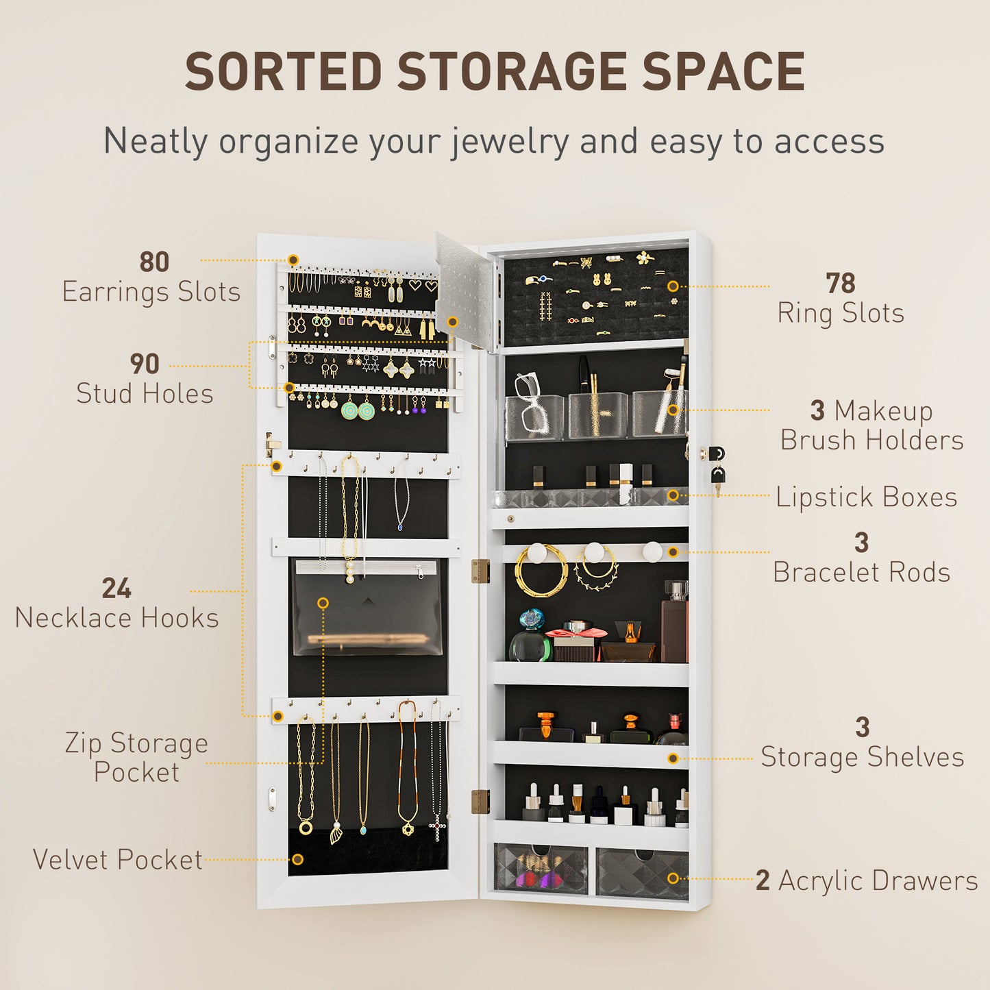 Door Hanging or Wall Mounted Jewellery Cabinet w/ Mirror Black Lining