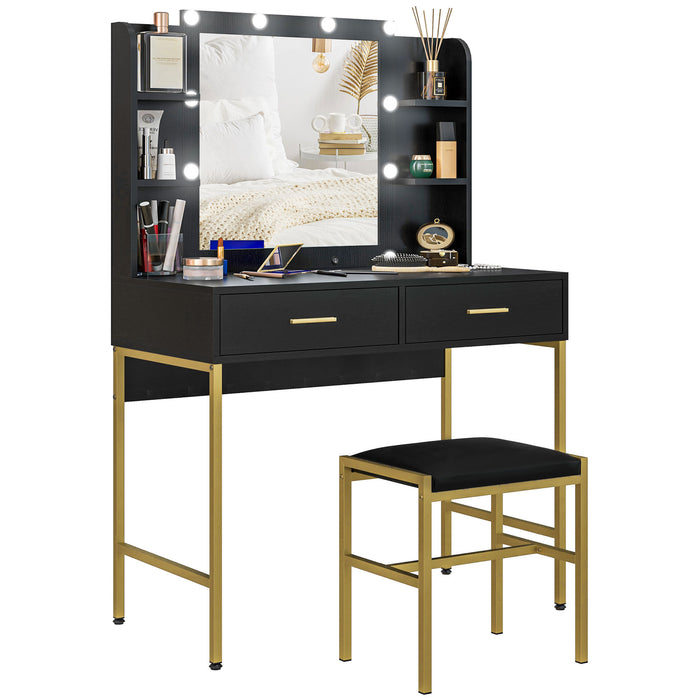 Makeup Vanity Desk Set with Lighted Mirror, Stool, Drawers, Black