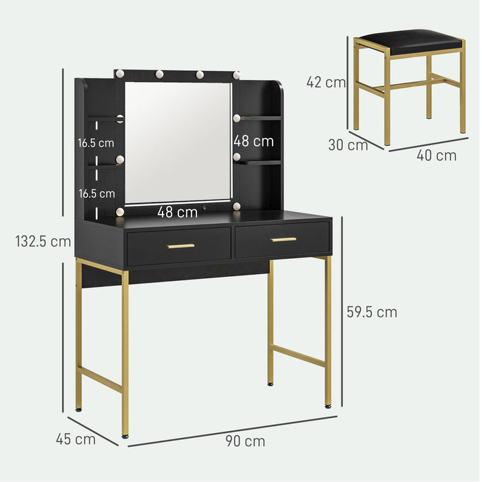 Makeup Vanity Desk Set with Lighted Mirror, Stool, Drawers, Black