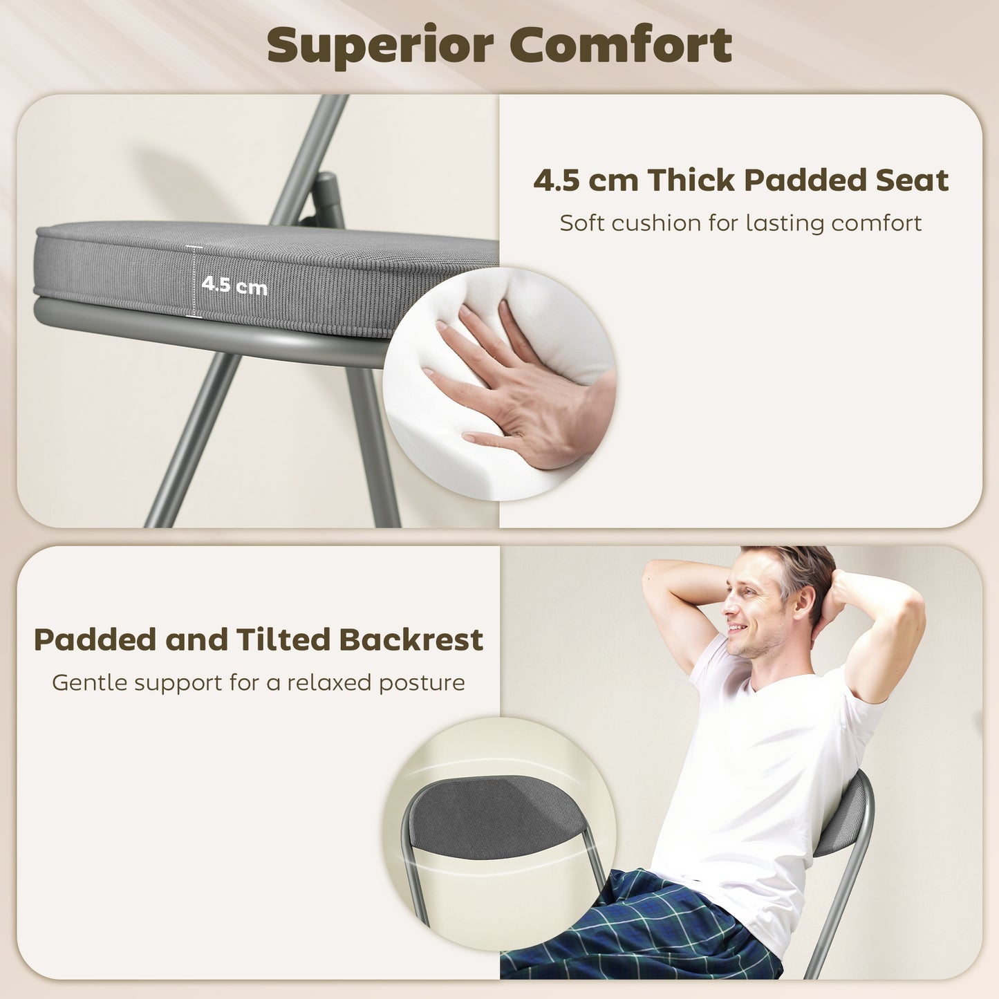 Folding Chairs Set of 4 with Cushioned Seat, Steel Frame, Grey