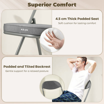 Folding Chairs Set of 4 with Cushioned Seat, Steel Frame, Grey