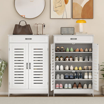 Modern Shoe Storage Cabinet with Louvered Doors and Drawer, White