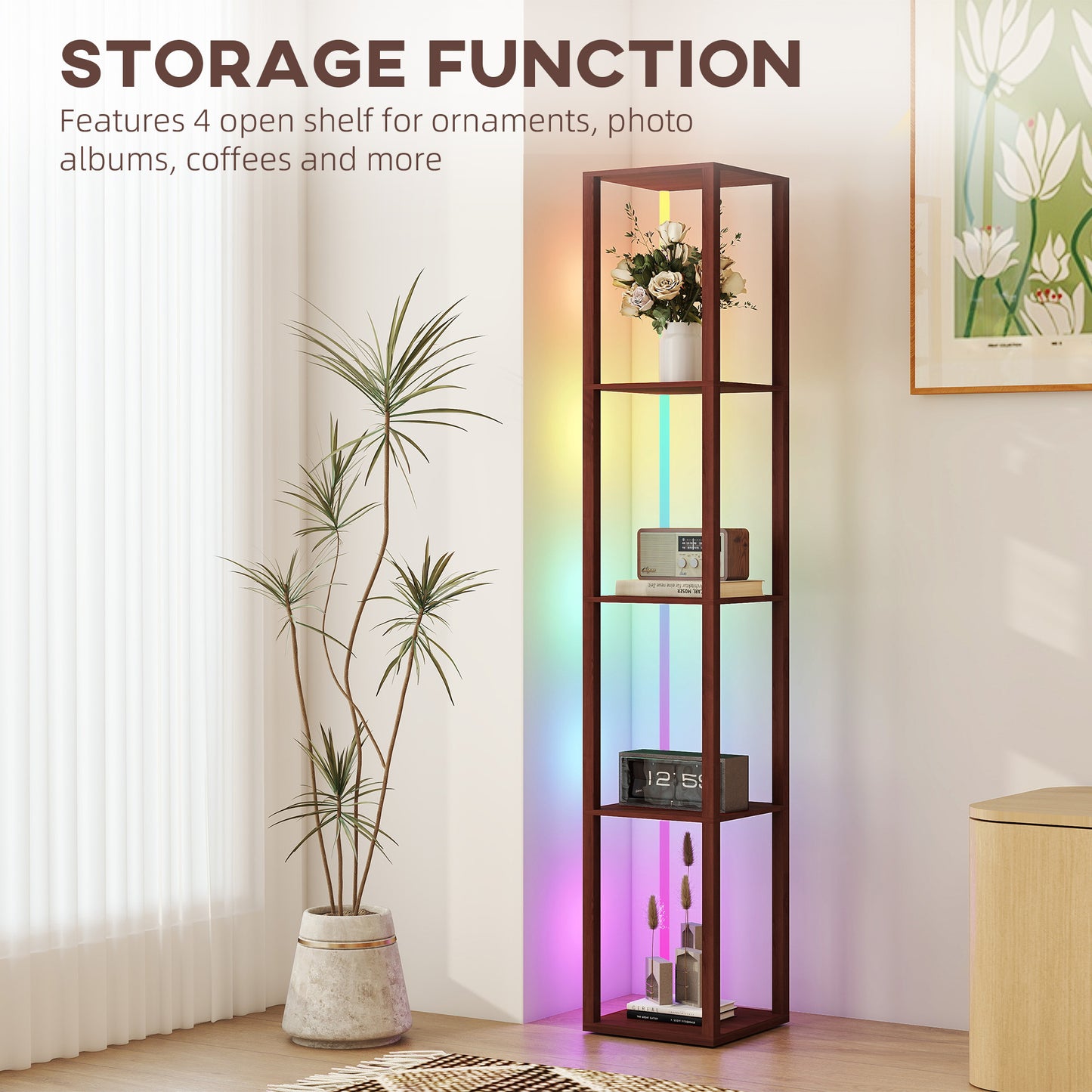 RGB LED Floor Lamp with Shelves and Remote Control for Bedroom, Brown