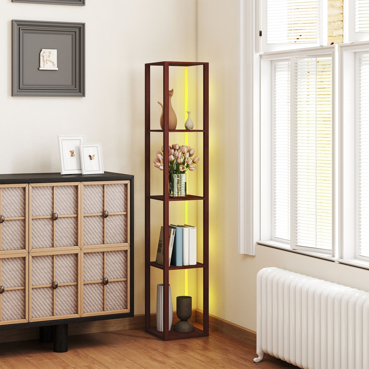 RGB LED Floor Lamp with Shelves and Remote Control for Bedroom, Brown