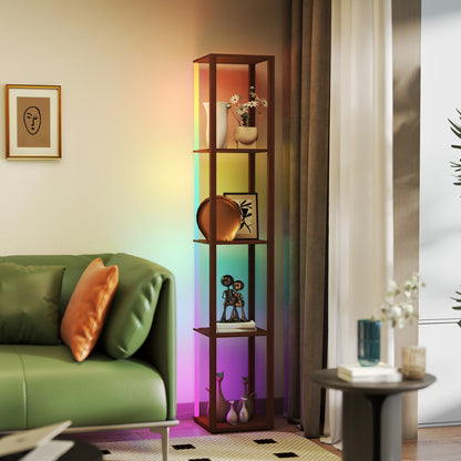 RGB LED Floor Lamp with Shelves and Remote Control for Bedroom, Brown