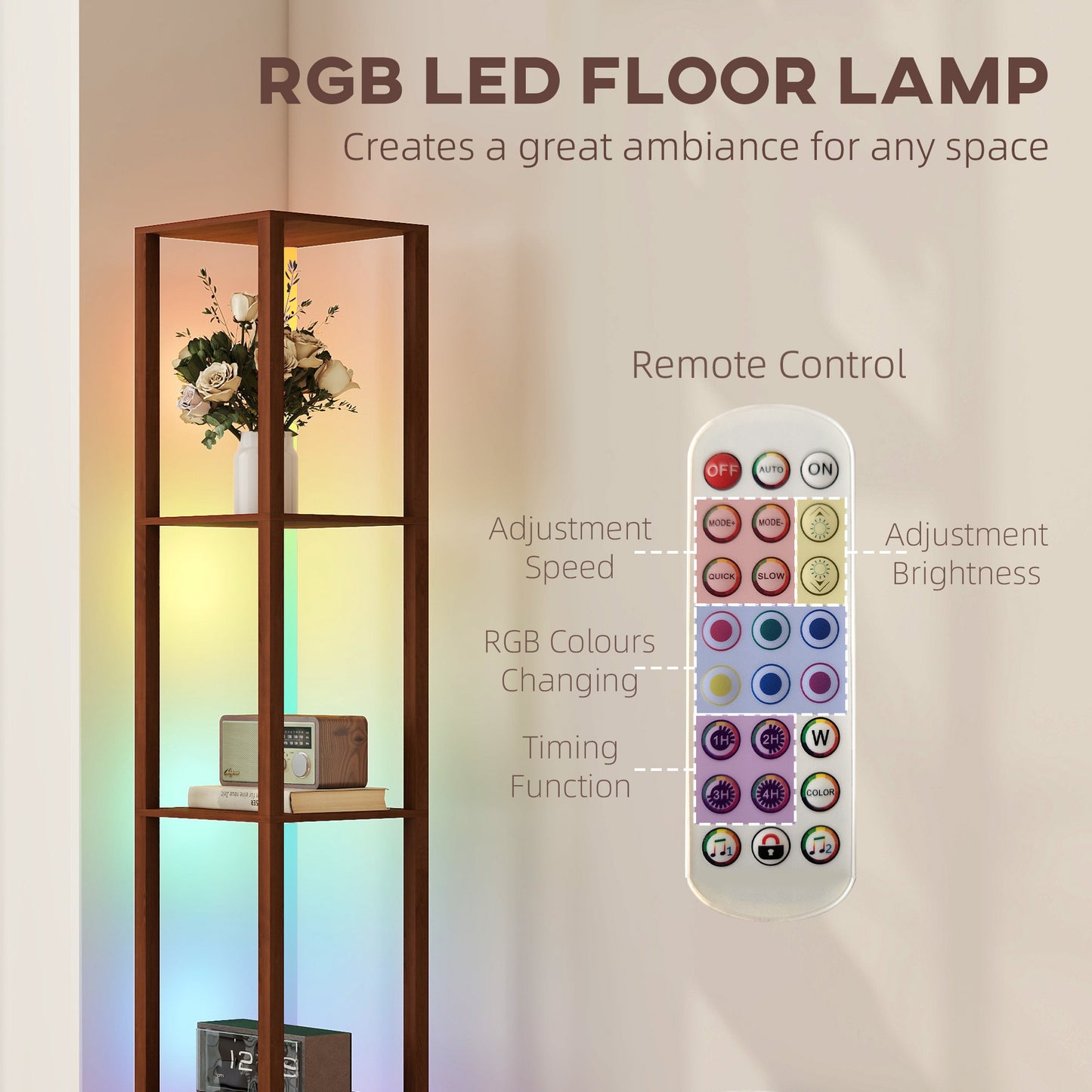 RGB LED Floor Lamp with Shelves and Remote Control for Bedroom, Brown