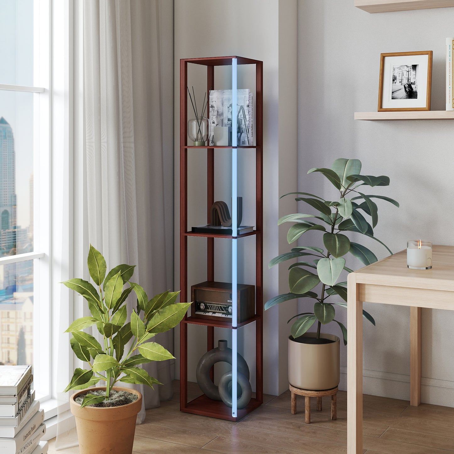 RGB LED Floor Lamp with Shelves and Remote Control for Bedroom, Brown