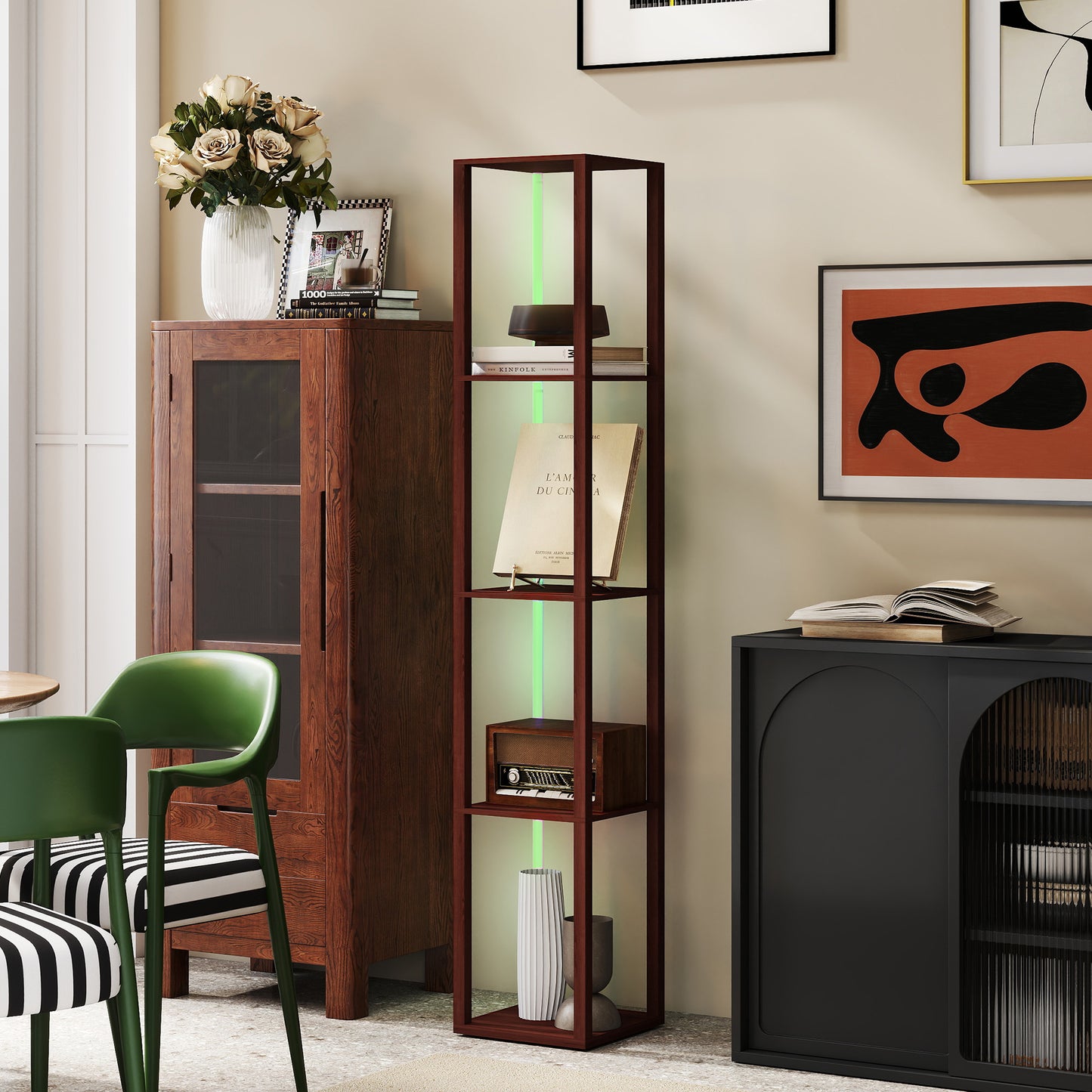 RGB LED Floor Lamp with Shelves and Remote Control for Bedroom, Brown