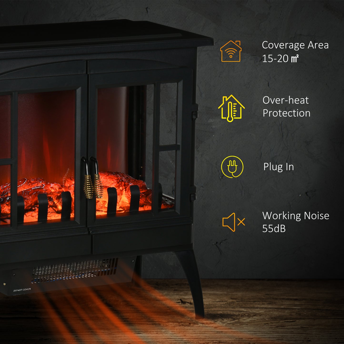 3-Sided Electric Fireplace Heater, Quiet Freestanding Fire Stove with LED Flame Effect, Level-less Temperature Control, Overheating Protection