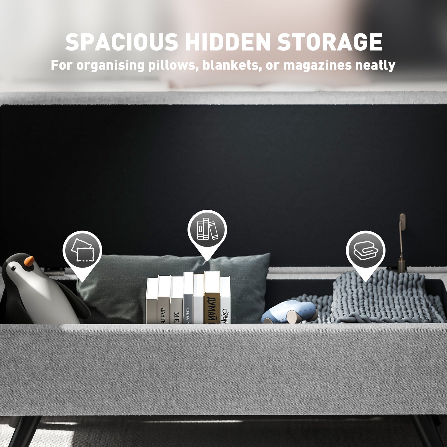 Storage Ottoman with Armrest, Upholstered Linen Storage Bench